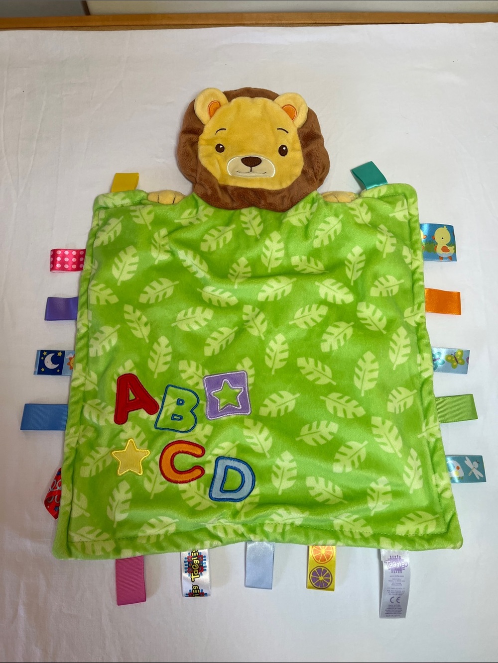 Lion Tag Blanket Plush Lovey - Green with ABC Appliqué